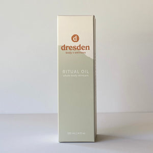 Dresden Body + Wellness Ritual Oil in box with green mountain, cedarwood, woodsy scent body oil