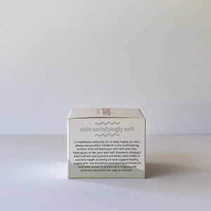 Dresden Body + Wellness Yin Balm box, body balm with herbs for vaginal dryness, sensitive skin, unscented, about this product that is made in santa barbara, california