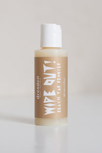 Dresden Holden acupuncturist in santa barbara made Wipe Out, a nontoxic clean beach tar remover for santa barbara beaches. 2 ounce plastic bottle with a no mess cap and a brown label that says Wipe Out!