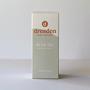 Dresden Body + Wellness blue oil, facial oil, sensitive skin, glass bottle and box