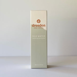 Dresden Body + Wellness Silk water, hydrating toner, in a box with a green mountain, made in Santa Barbara, naturally ph balanced toner 5.5